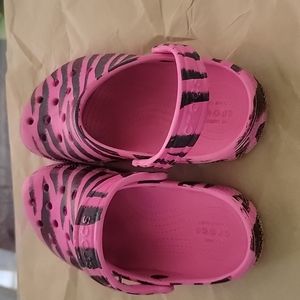 Girl 13 pink and black stripes Crocs worn "As Is"